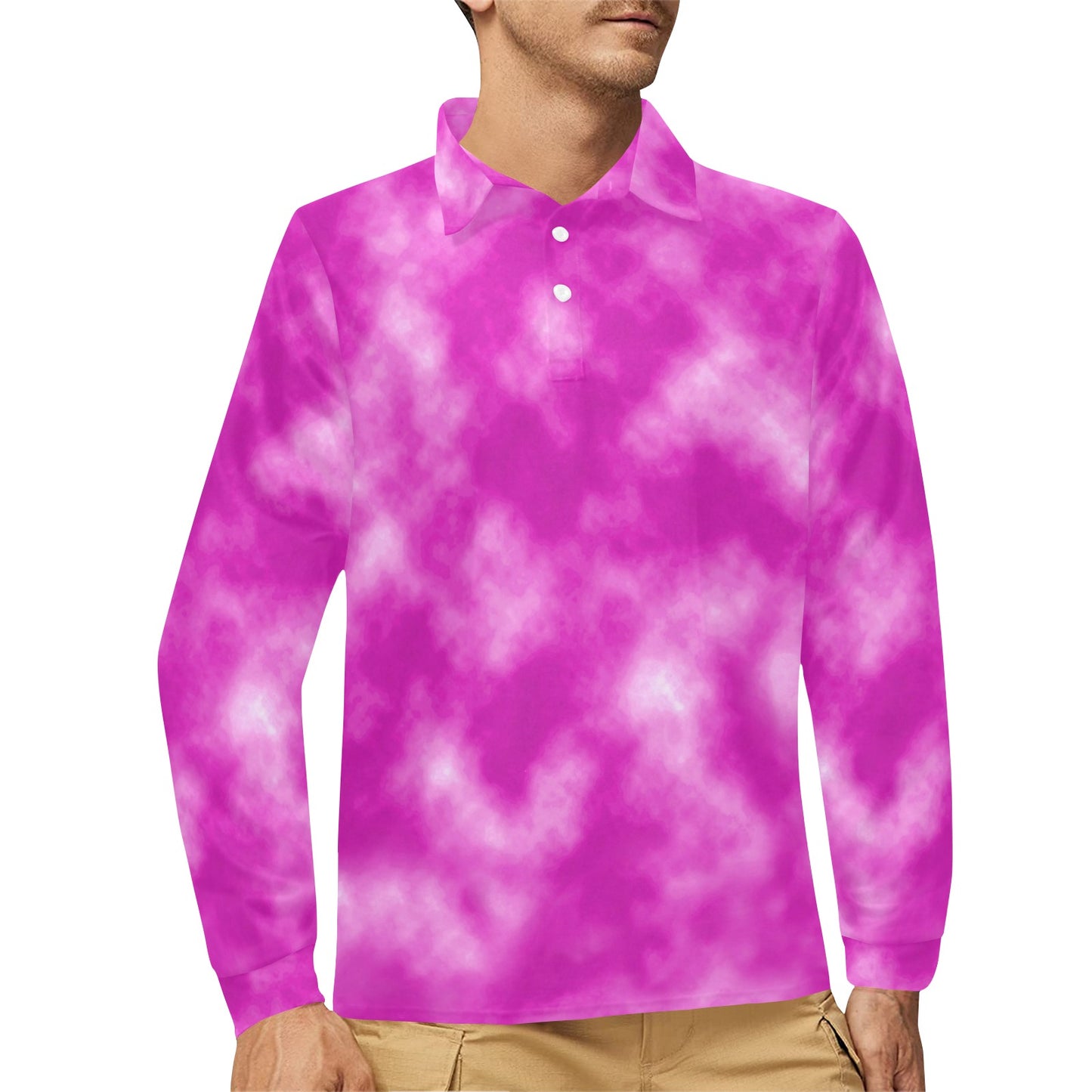 Tie Dye Pink Design Print Long Sleeve Polo Shirt For Men's