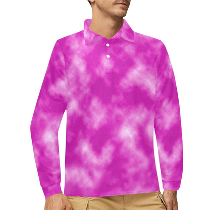 Tie Dye Pink Design Print Long Sleeve Polo Shirt For Men's