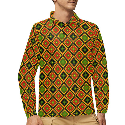 Rasta Reggae Color Pattern Long Sleeve Polo Shirt For Men's