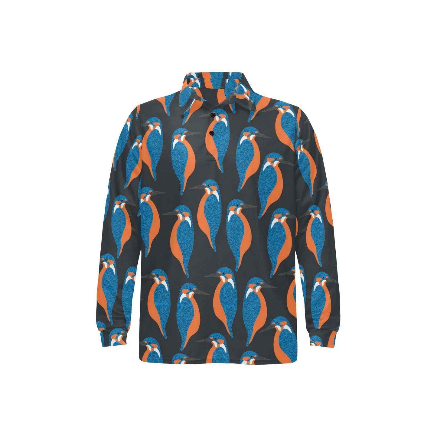 Kingfisher Pattern Print Design 03 Long Sleeve Polo Shirt For Men's