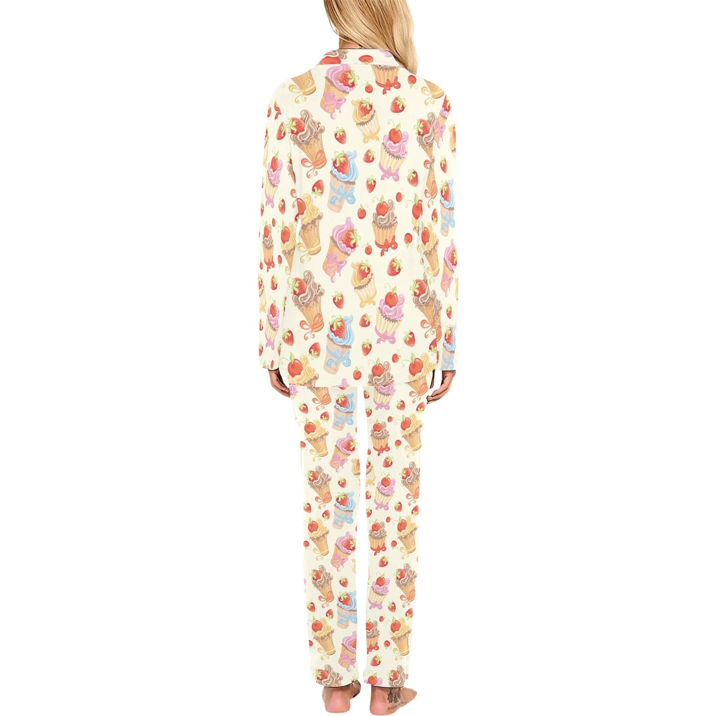 Cupcakes Strawberry Cherry Print Women's Long Pajama Set