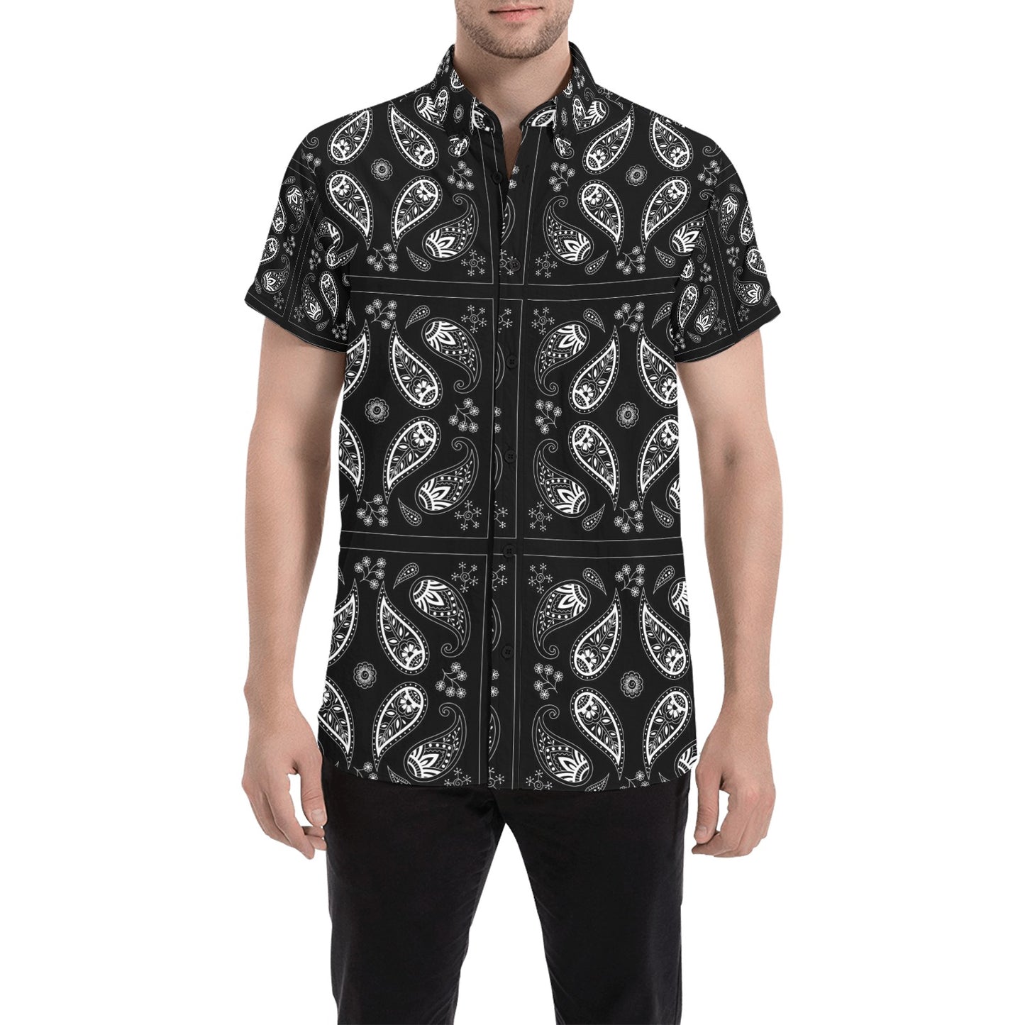 Bandana Paisley Black Print Design LKS308 Men Short Sleeve Button Up Shirt