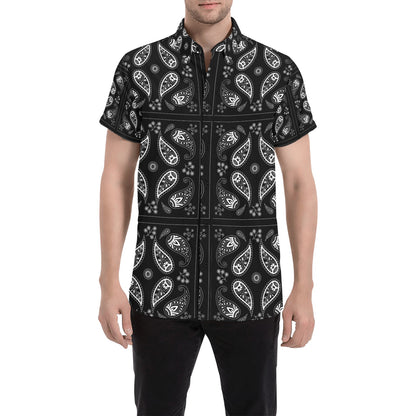Bandana Paisley Black Print Design LKS308 Men Short Sleeve Button Up Shirt