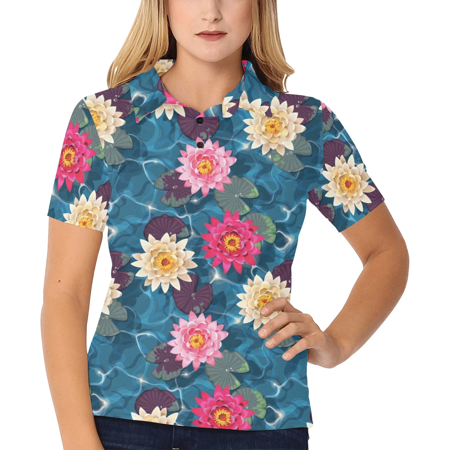 Water Lily Pattern Print Design WL05 Women's Polo Shirt