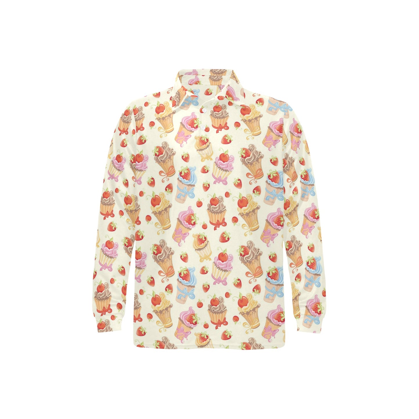 Cupcakes Strawberry Cherry Print Long Sleeve Polo Shirt For Men's