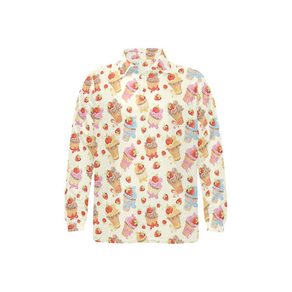 Cupcakes Strawberry Cherry Print Long Sleeve Polo Shirt For Men's