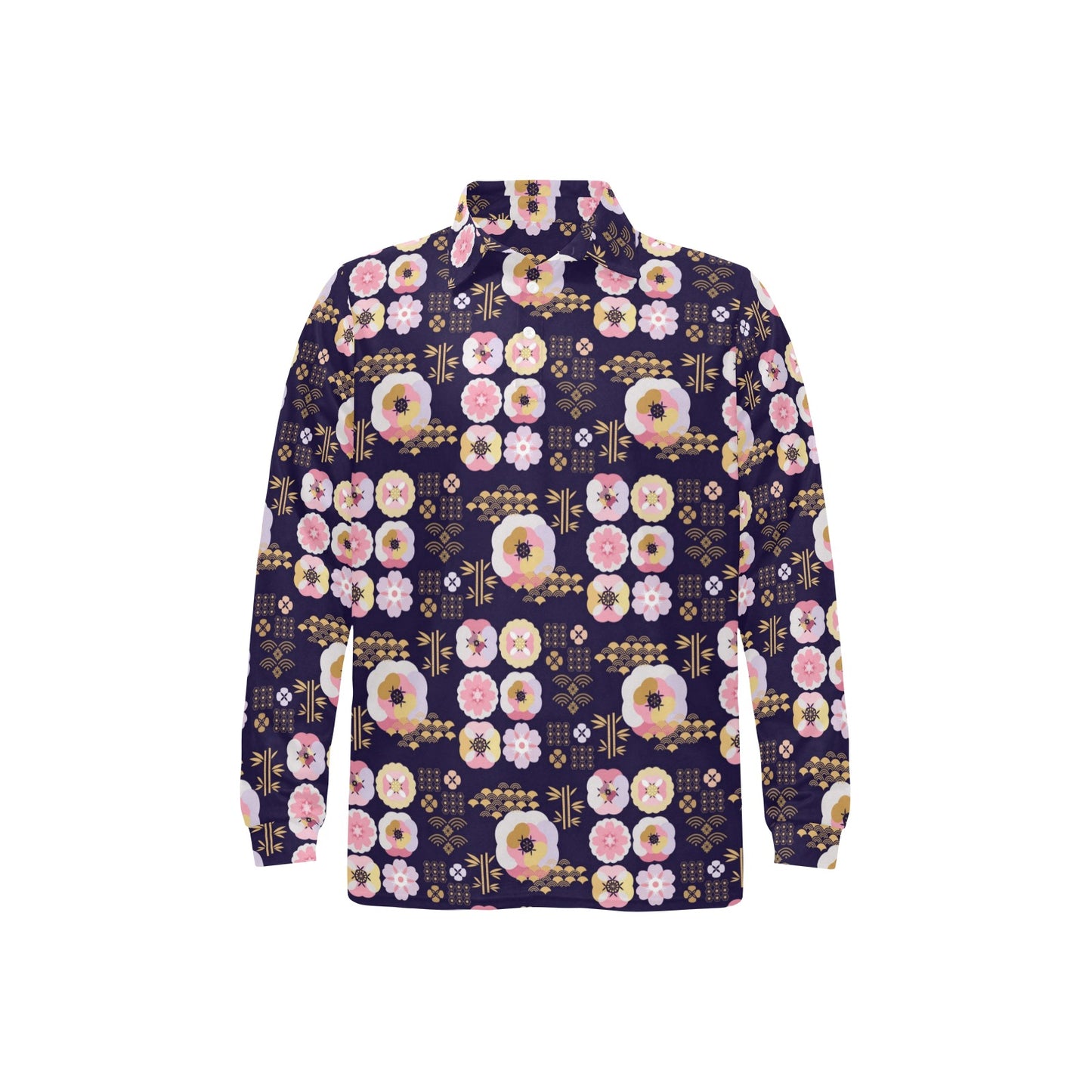 Sakura Japan Style Print Design LKS302 Long Sleeve Polo Shirt For Men's