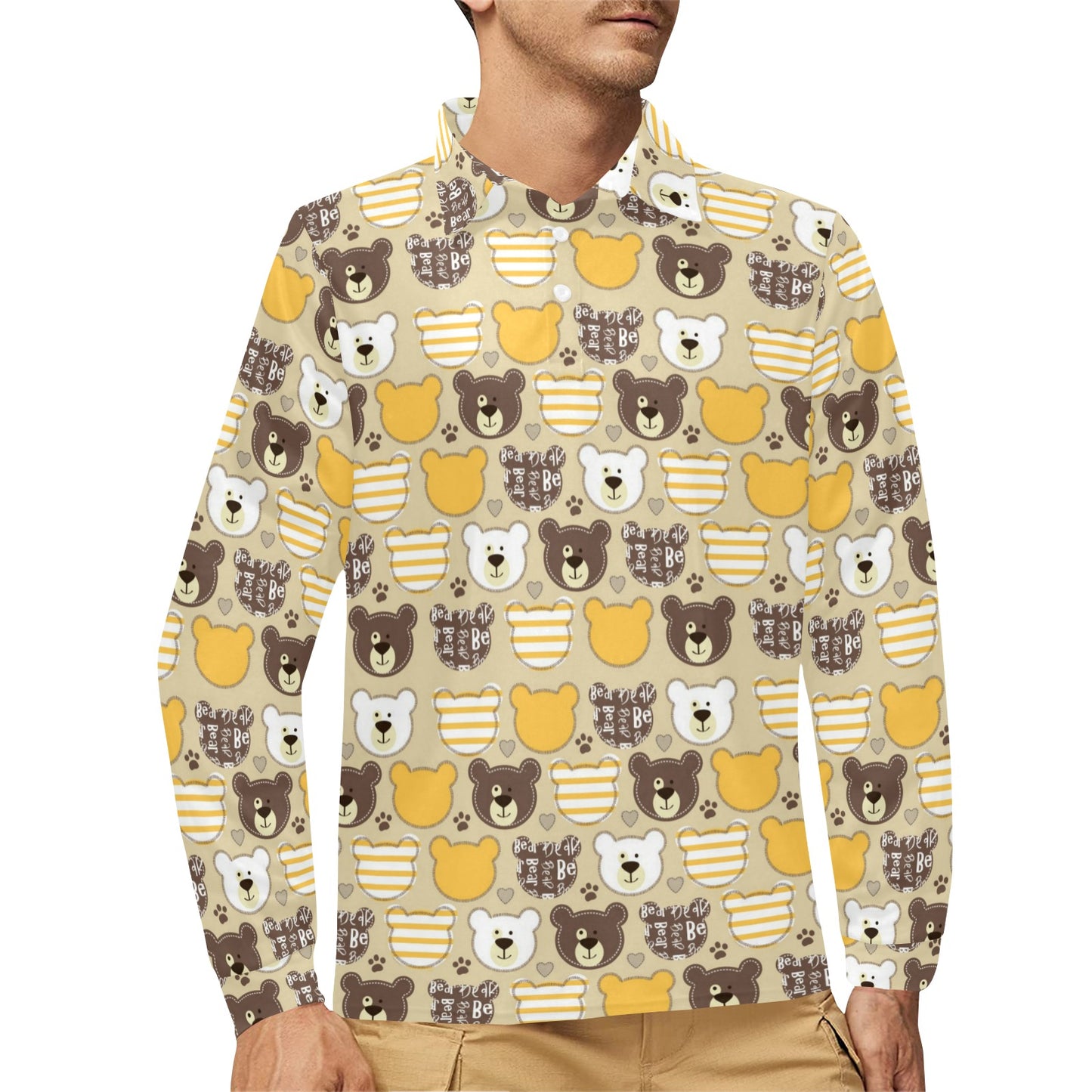 Bear PatchworkPattern Print Design 01 Long Sleeve Polo Shirt For Men's