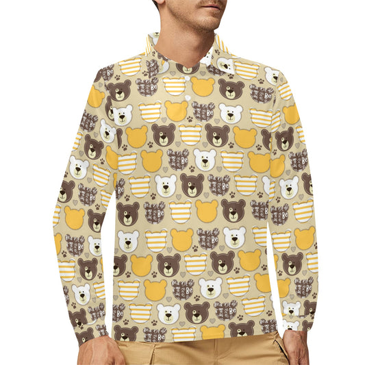 Bear PatchworkPattern Print Design 01 Long Sleeve Polo Shirt For Men's