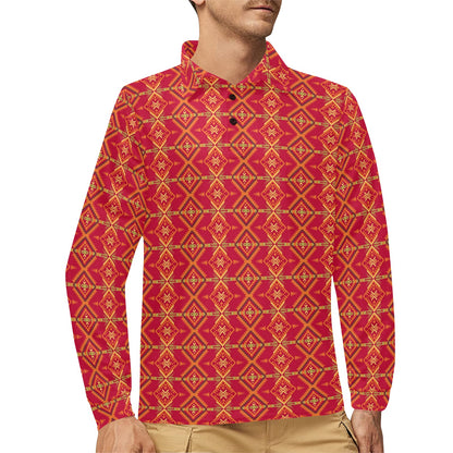 Southwest Aztec Design Themed Print Long Sleeve Polo Shirt For Men's