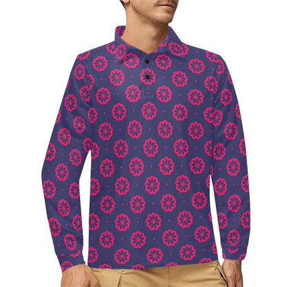 Water Lily Print Design LKS301 Long Sleeve Polo Shirt For Men's