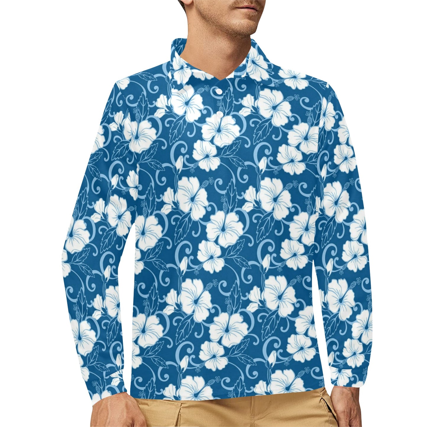 Hibiscus Pattern Print Design HB03 Long Sleeve Polo Shirt For Men's