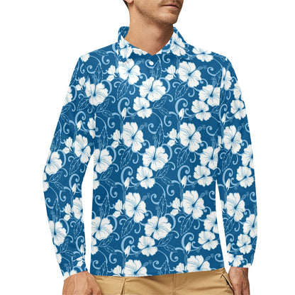 Hibiscus Pattern Print Design HB03 Long Sleeve Polo Shirt For Men's