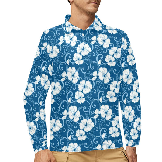 Hibiscus Pattern Print Design HB03 Long Sleeve Polo Shirt For Men's