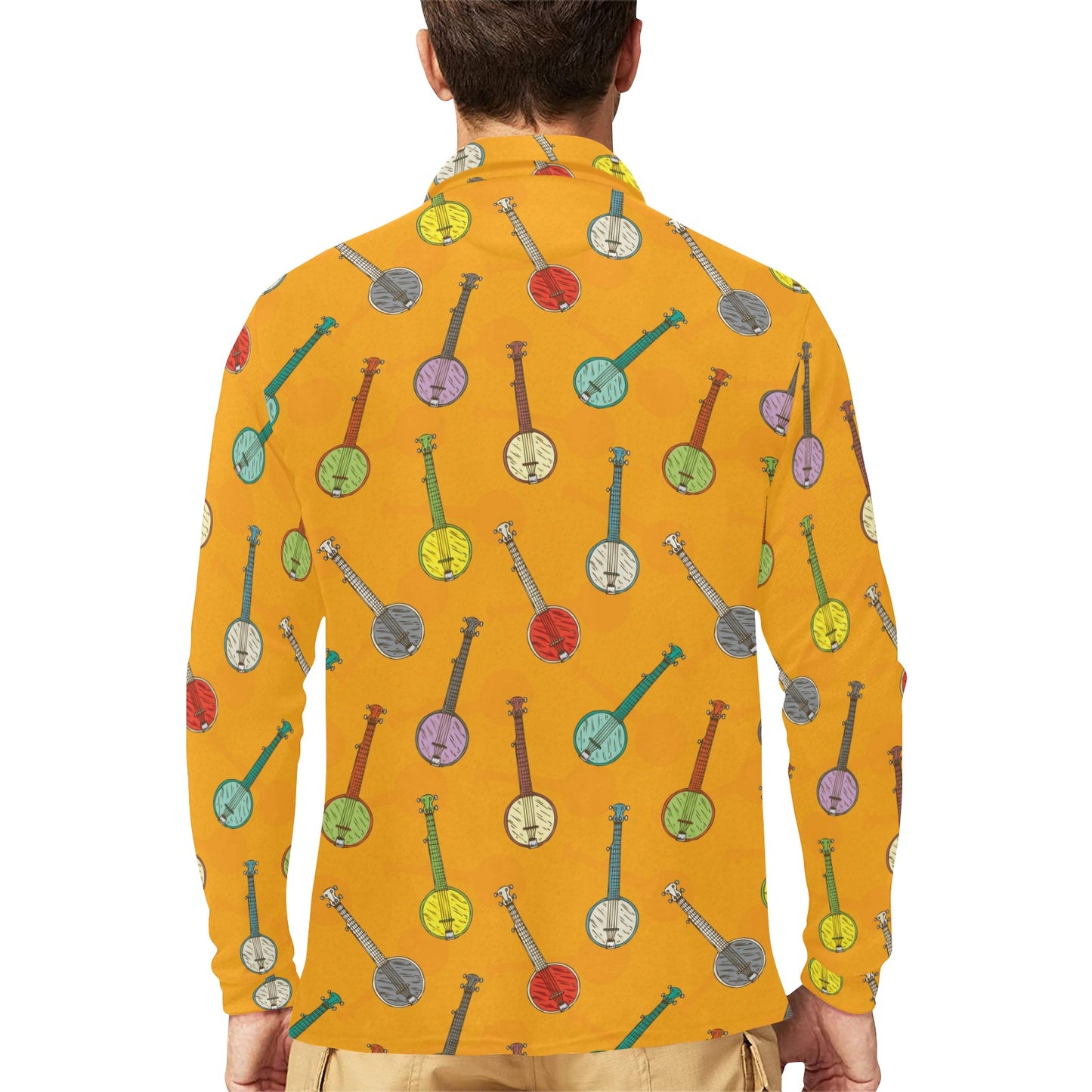 Banjo Pattern Print Design 02 Long Sleeve Polo Shirt For Men's