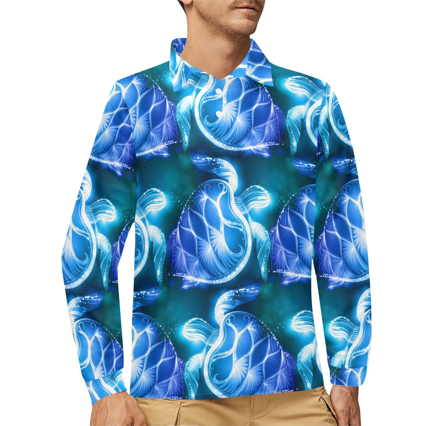 Blue Neon Sea Turtle Print Long Sleeve Polo Shirt For Men's