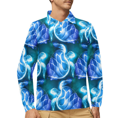 Blue Neon Sea Turtle Print Long Sleeve Polo Shirt For Men's