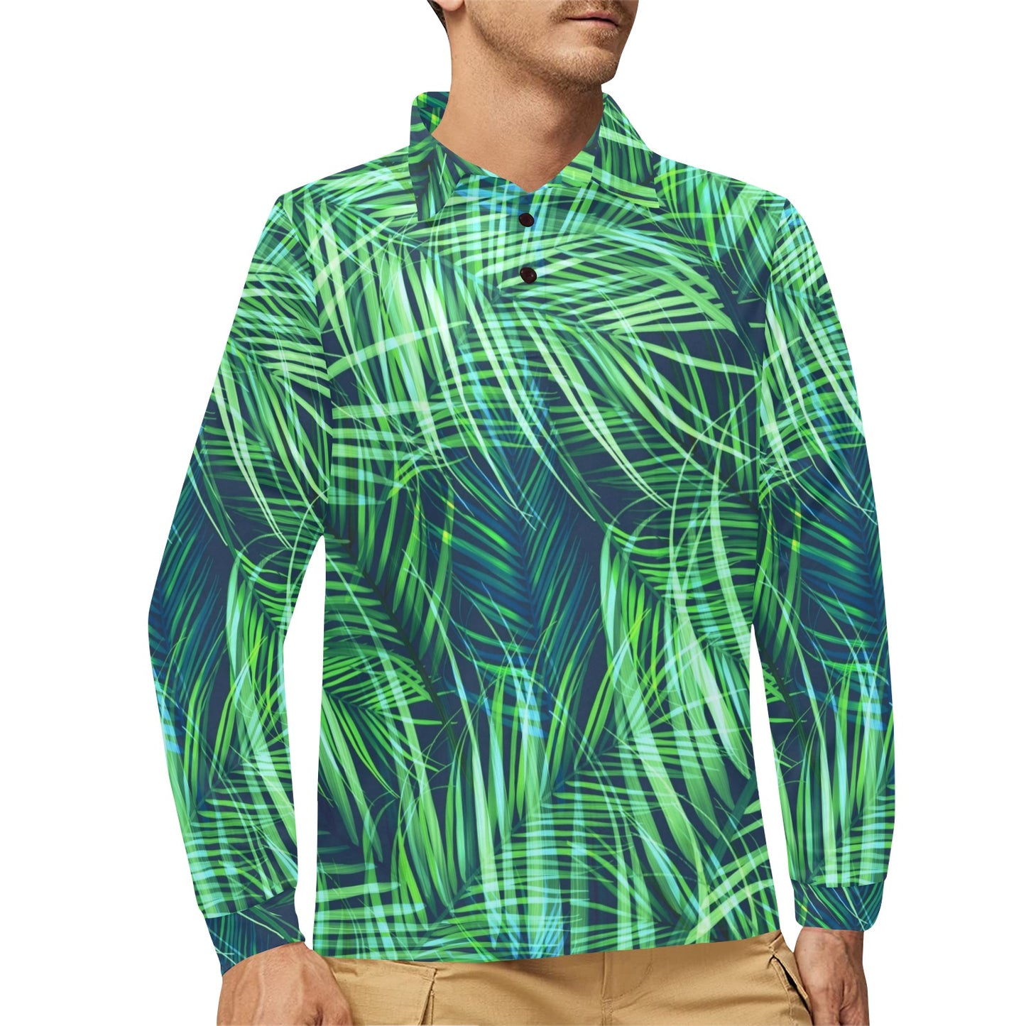 Palm Leaves Pattern Print Design PL02 Long Sleeve Polo Shirt For Men's