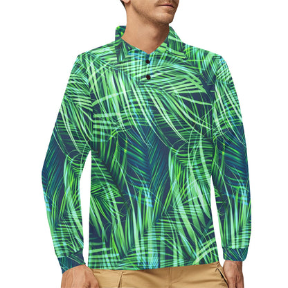 Palm Leaves Pattern Print Design PL02 Long Sleeve Polo Shirt For Men's
