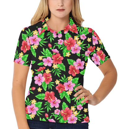 Pink Red Hibiscus Pattern Print Design HB023 Women's Polo Shirt
