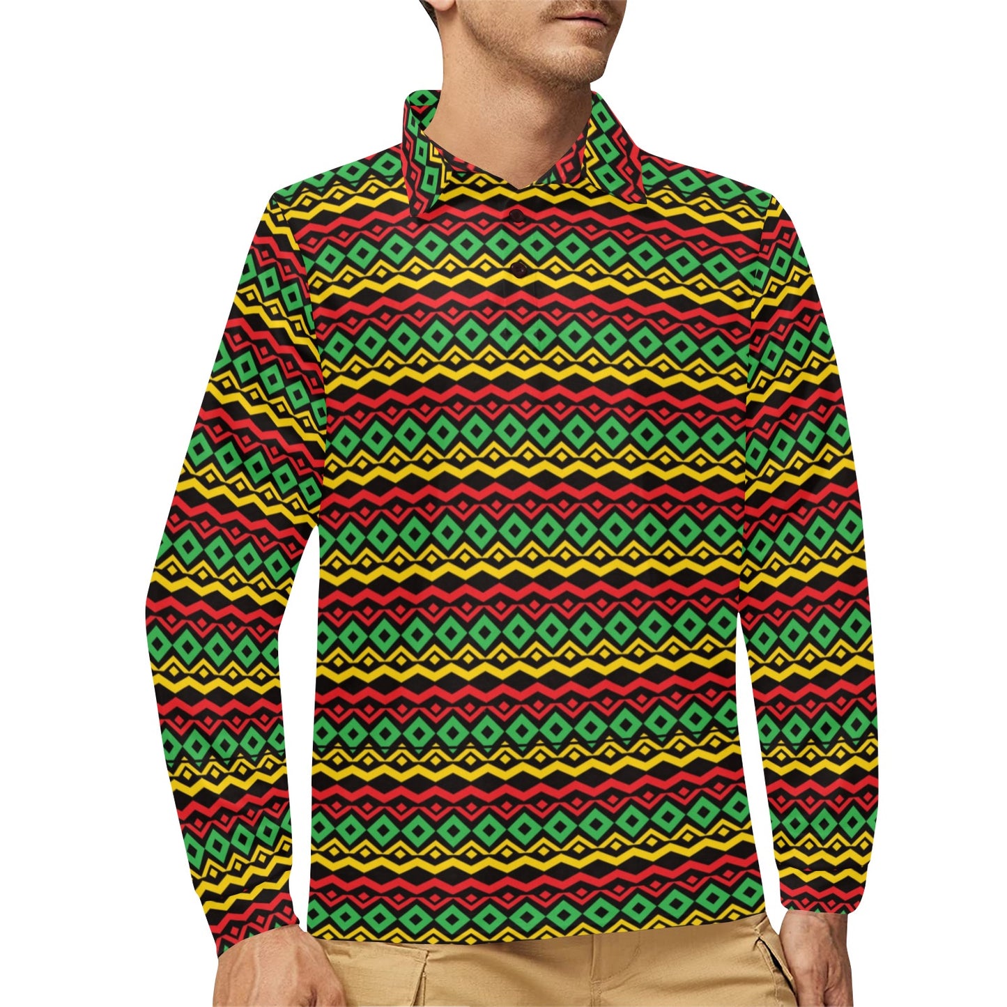 Rasta Reggae Color Themed Long Sleeve Polo Shirt For Men's