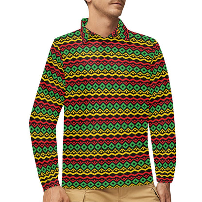 Rasta Reggae Color Themed Long Sleeve Polo Shirt For Men's