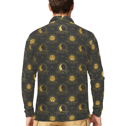 Celestial Moon Sun Pattern Print Design 05 Long Sleeve Polo Shirt For Men's