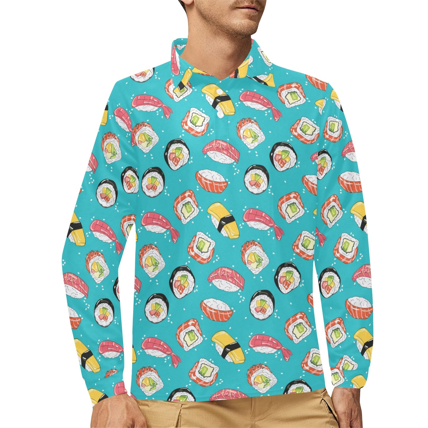 Sushi Print Design LKS305 Long Sleeve Polo Shirt For Men's