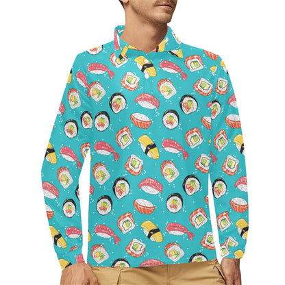Sushi Print Design LKS305 Long Sleeve Polo Shirt For Men's
