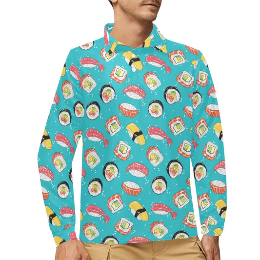 Sushi Print Design LKS305 Long Sleeve Polo Shirt For Men's