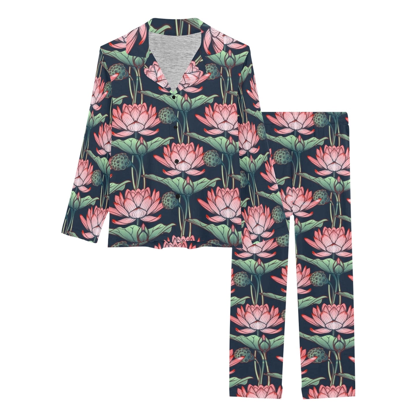 Water Lily Pattern Print Design WL03 Women's Long Pajama Set