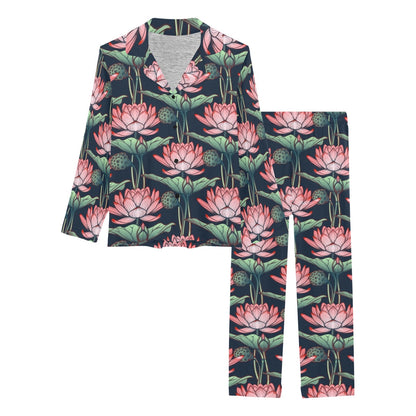 Water Lily Pattern Print Design WL03 Women's Long Pajama Set