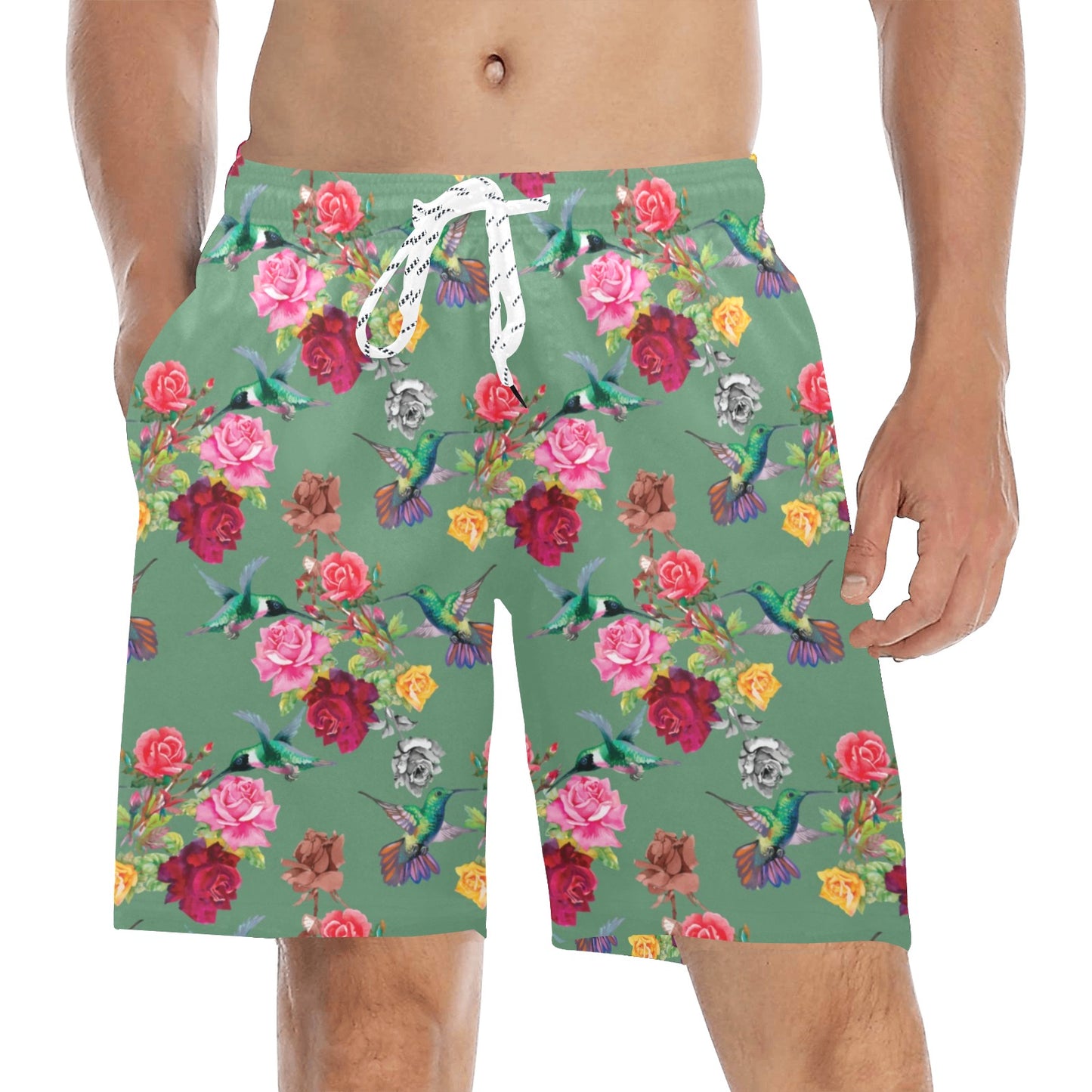 Hummingbird with Rose Themed Print Men's Swim Trunks Beach Shorts