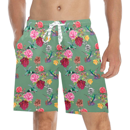 Hummingbird with Rose Themed Print Men's Swim Trunks Beach Shorts
