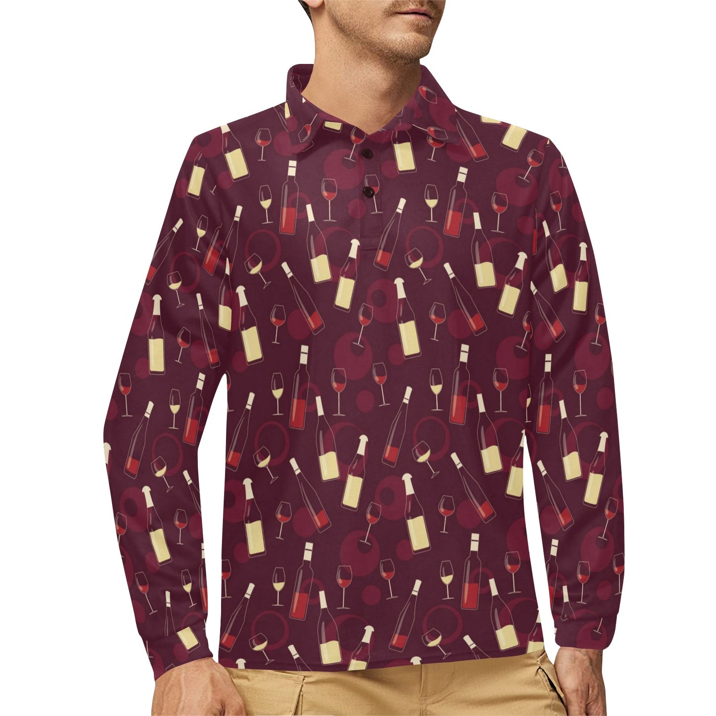 Wine Themed Print Design LKS302 Long Sleeve Polo Shirt For Men's