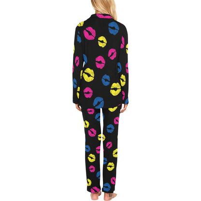 Lip Neon Color Pattern Print Design 01 Women's Long Pajama Set