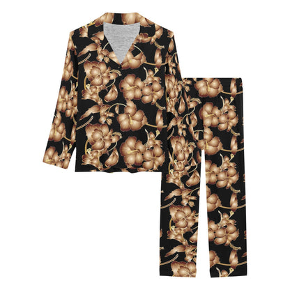 Brown Hibiscus Pattern Print Design HB06 Women's Long Pajama Set