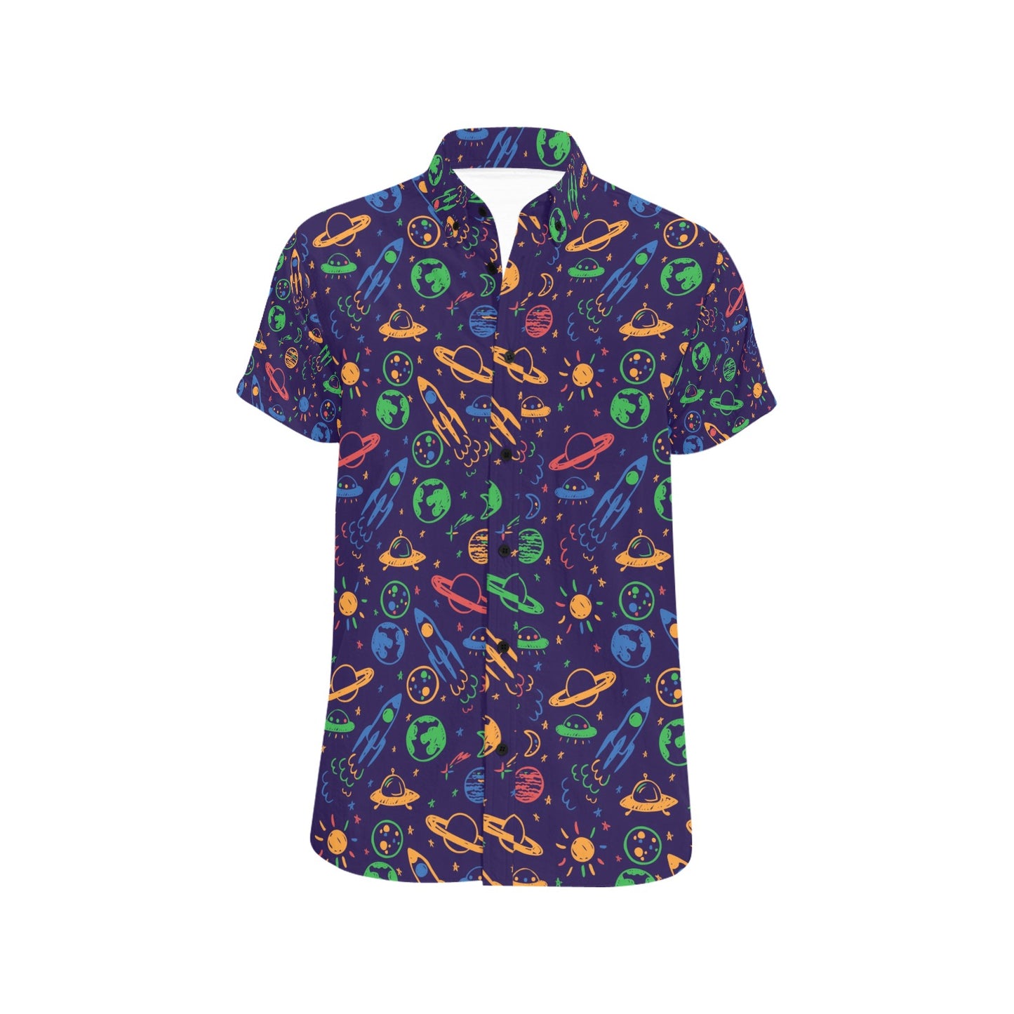 UFO Space Rocket Print Design LKS302 Men Short Sleeve Button Up Shirt