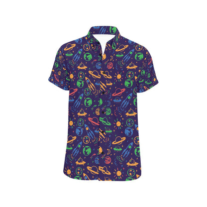 UFO Space Rocket Print Design LKS302 Men Short Sleeve Button Up Shirt