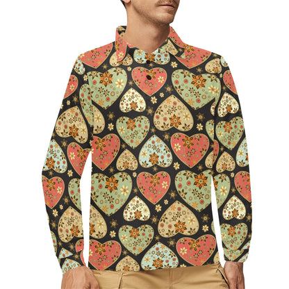 Heart Boho Pattern Print Design HE04 Long Sleeve Polo Shirt For Men's