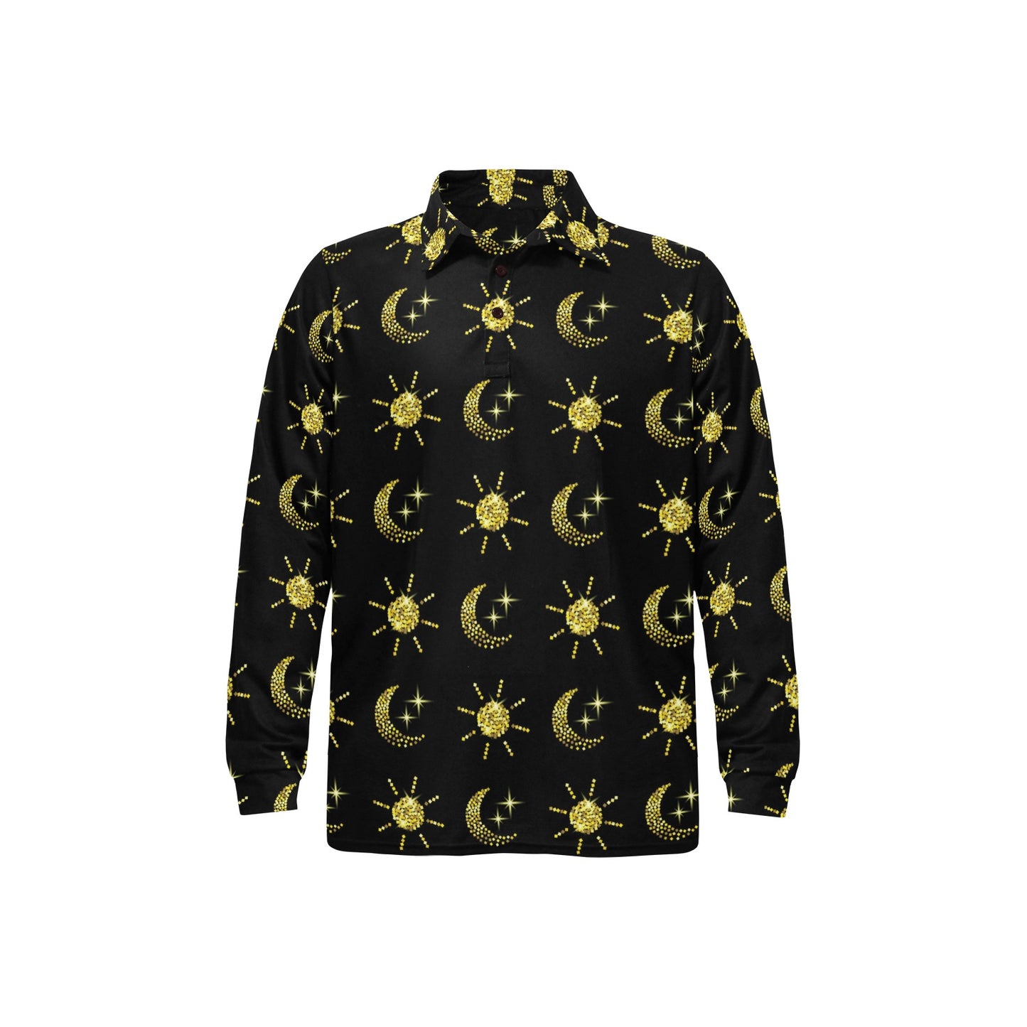 Sun Moon Print Design LKS304 Long Sleeve Polo Shirt For Men's