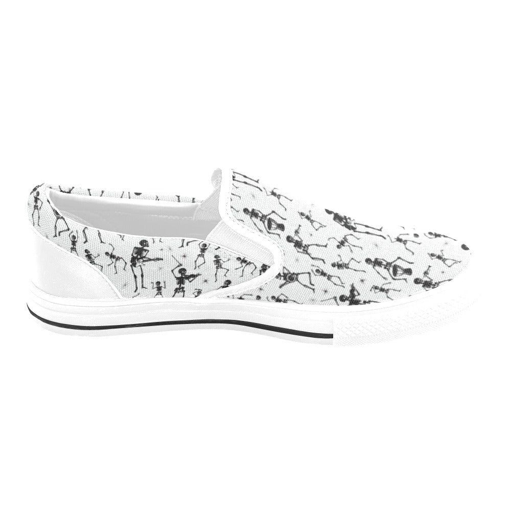 Skeleton Music Player Print Design LKS303 White Slip Ons Canvas Women's Shoes