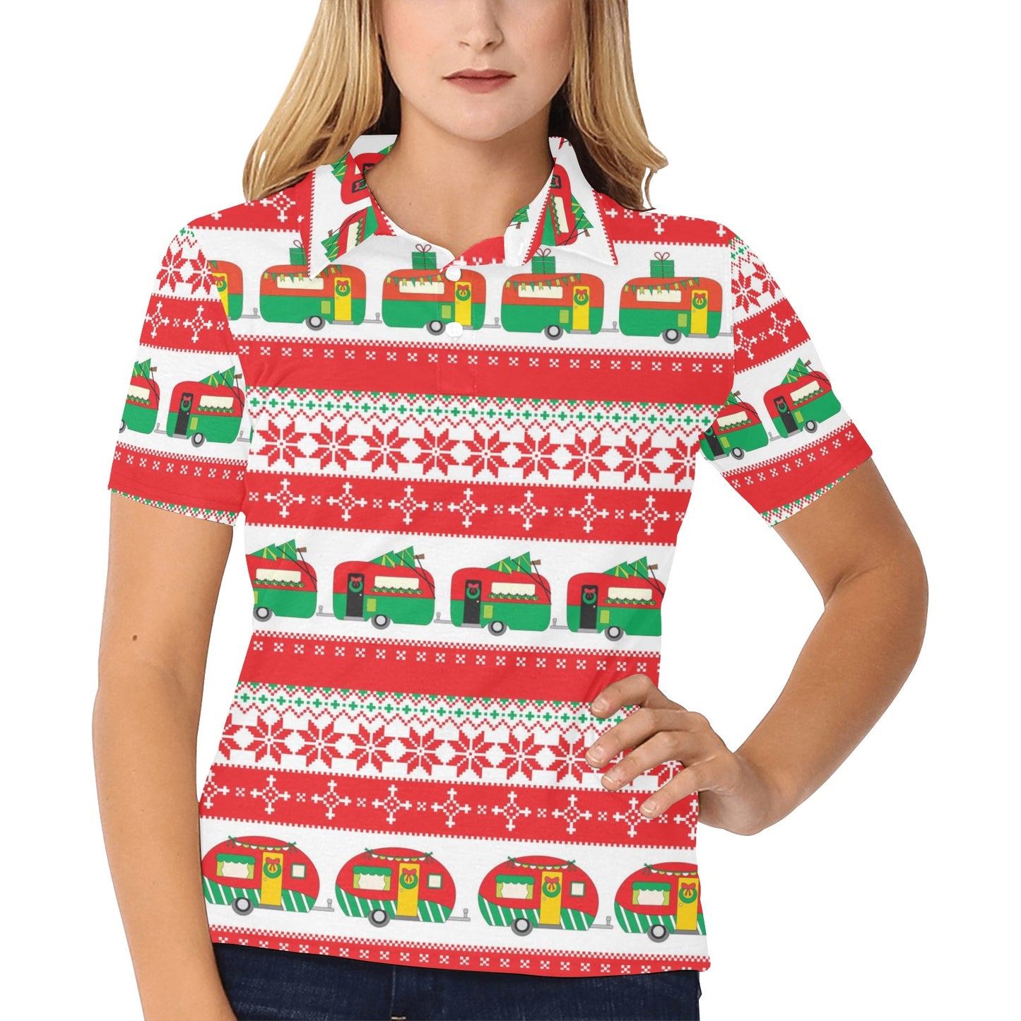 Camper Camping Ugly Christmas Design Print Women's Polo Shirt