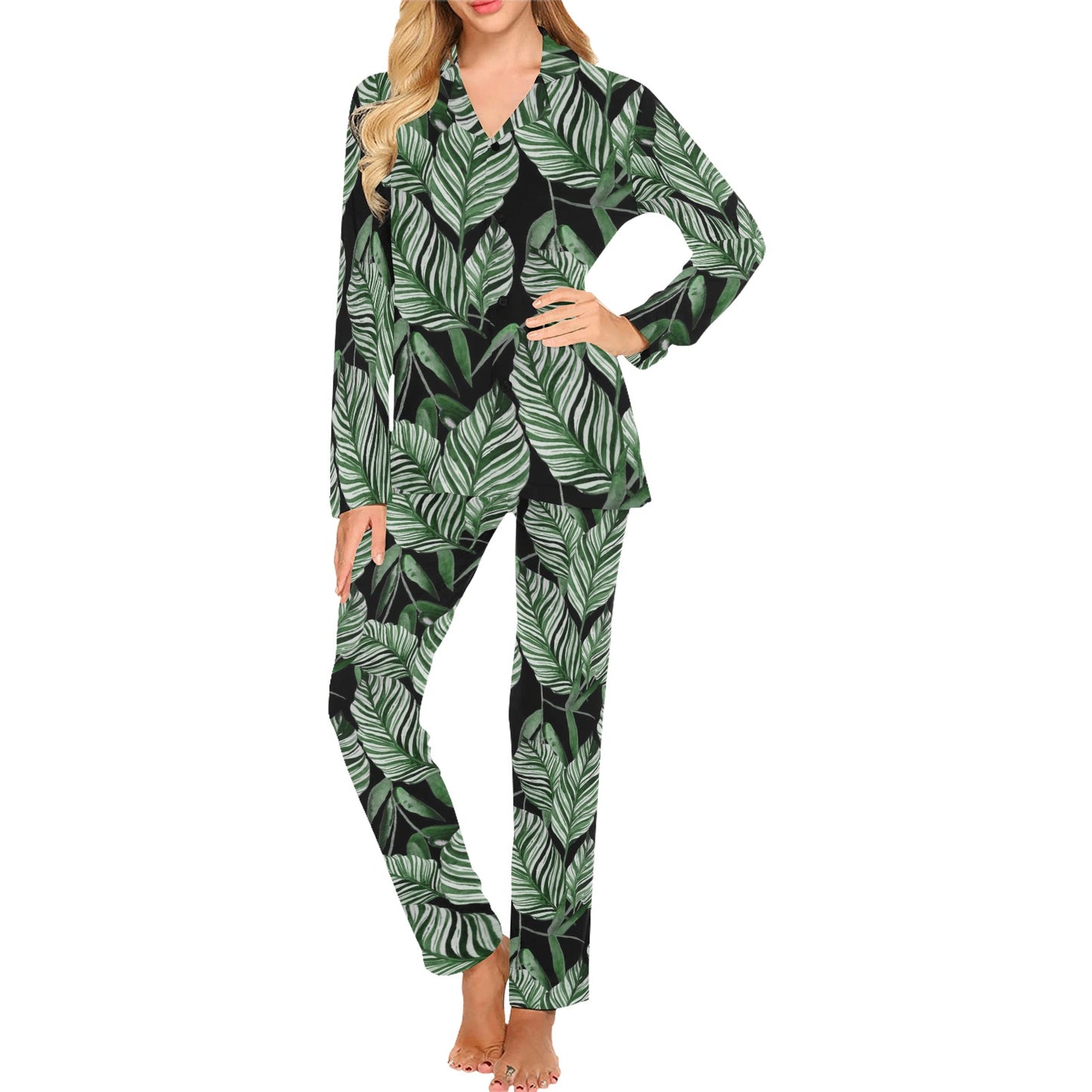 Palm Leaves Pattern Print Design PL09 Women's Long Pajama Set
