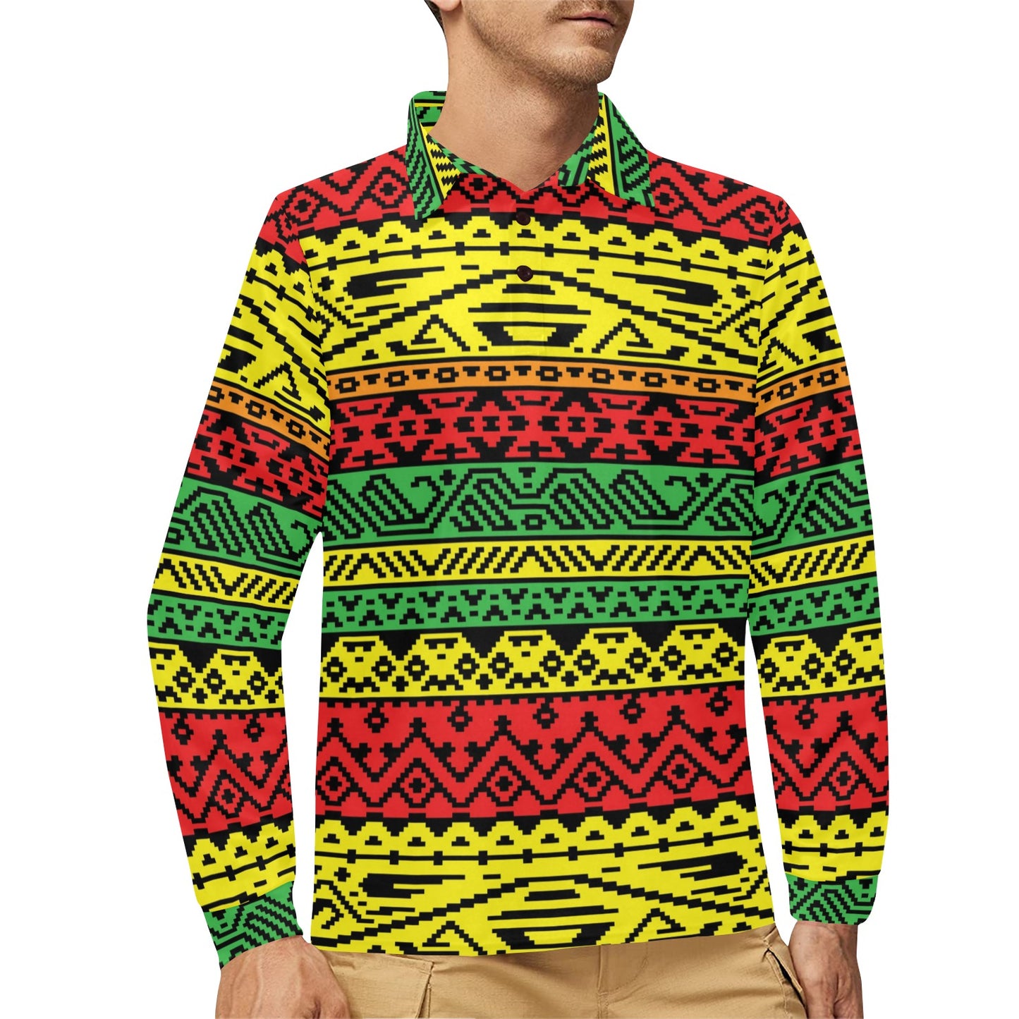 Rastafarian Pattern Print Design A02 Long Sleeve Polo Shirt For Men's