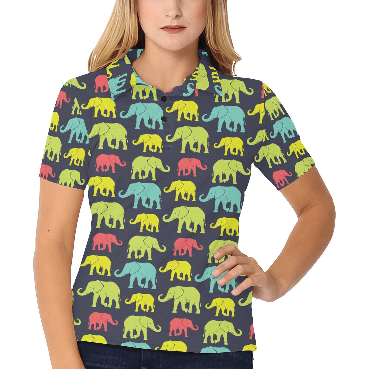 Elephant Neon Color Print Pattern Women's Polo Shirt
