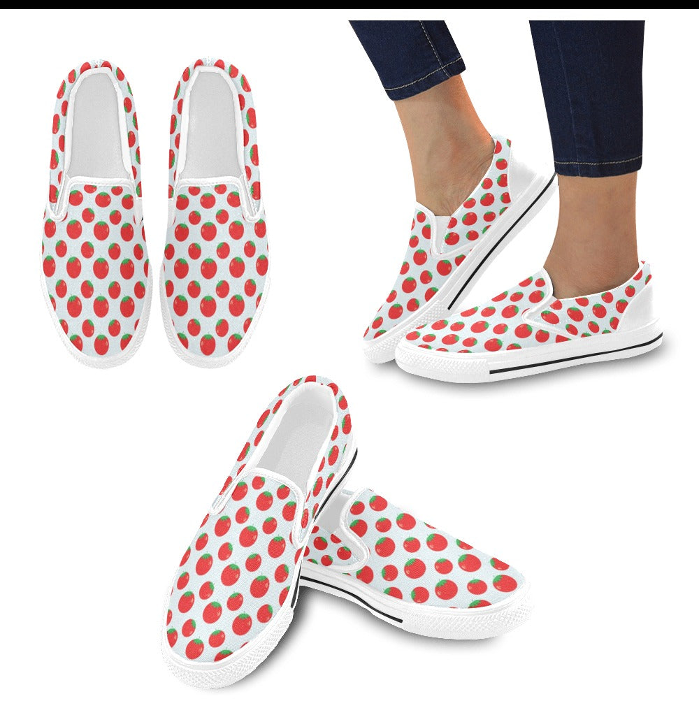 Tomato Print Design LKS307 White Slip Ons Canvas Women's Shoes