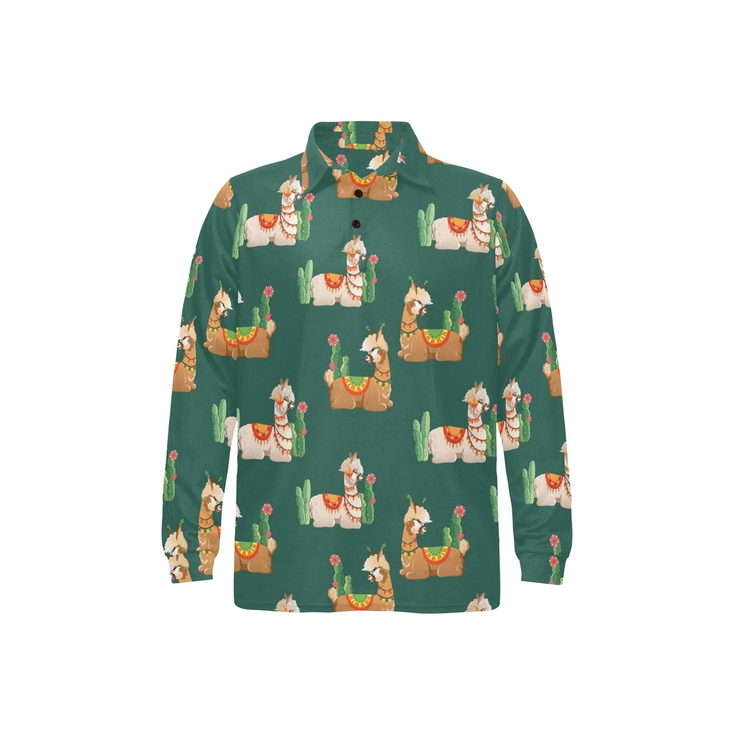 Llama Cactus Pattern Print Design 07 Long Sleeve Polo Shirt For Men's