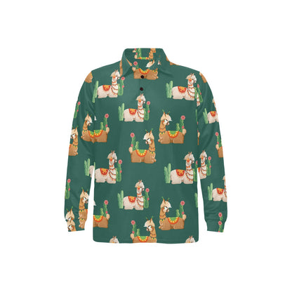 Llama Cactus Pattern Print Design 07 Long Sleeve Polo Shirt For Men's