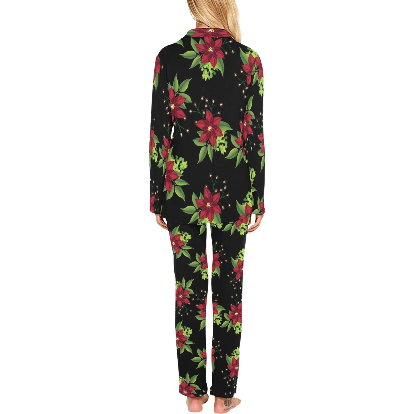 Poinsettia Pattern Print Design A01 Women's Long Pajama Set